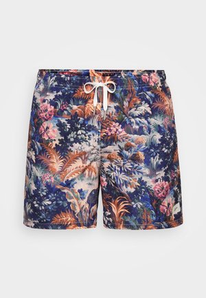 Bloemachtige zwemshorts met een levendig blauw, roze en oranje patroon, geweven stof, elastische tailleband en witte trekkoord.