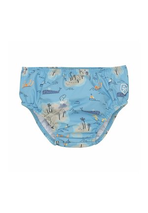 Hellblaue Schwimmwindel für Kleinkinder mit Mustern von Inseln, Walen, Booten, Palmen und Meereslebewesen, elastischer Bund und Beinausschnitte.
