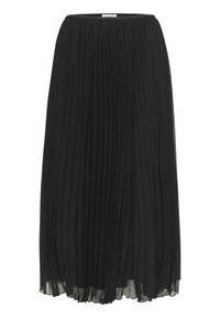 Svart plisserad kjol tillverkad av lättviktsmaterial, med hög midja och en flödande, lagerdesign med en semitransparent finish.