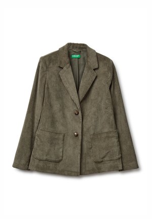Giacca in corduroy verde oliva con colletto a scialle, due tasche anteriori, chiusura con un bottone e texture a righe verticali.