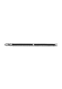 Schwarzes geflochtenes Lederarmband mit silbernen Metallperlen und Beschlägen, ausgestattet mit einem Doppelverschluss für eine verstellbare Passform.
