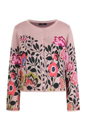 Light pink cardigan featuring colorful floral patterns in red, pink, and green, with a round neck and button closure down the front.