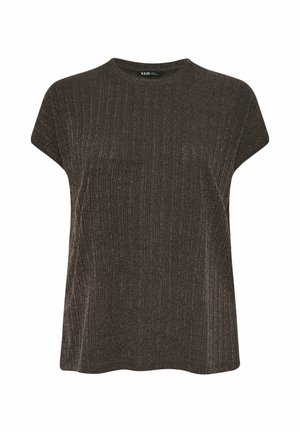 Kurzärmliges, dunkelbraunes, geripptes Strickoberteil mit rundem Ausschnitt und lockerem Sitz, ideal für legere Freizeitkleidung.