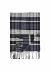 Wollschal mit einem karierten Muster in Marineblau, Grau und Schwarz, mit Fransen an den Kanten. Er hat eine weiche Textur und eine rechteckige Form.