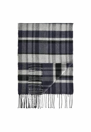 Wool scarf featuring a navy, gray, and black plaid pattern with fringed edges, displaying a soft texture and rectangular shape.