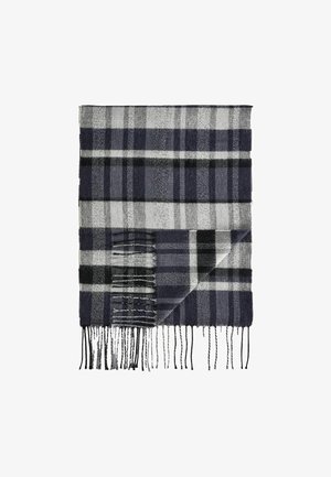 Wollschal mit einem karierten Muster in Marineblau, Grau und Schwarz, mit Fransen an den Kanten. Er hat eine weiche Textur und eine rechteckige Form.