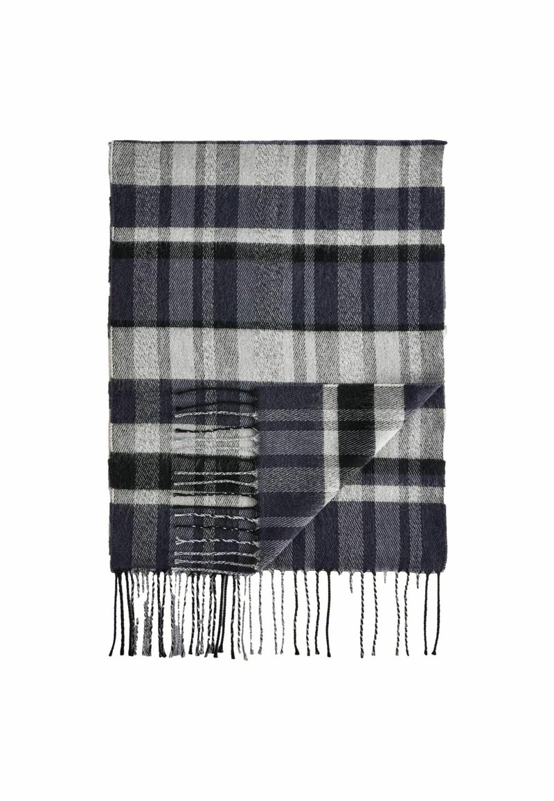 Wollschal mit einem karierten Muster in Marineblau, Grau und Schwarz, mit Fransen an den Kanten. Er hat eine weiche Textur und eine rechteckige Form.