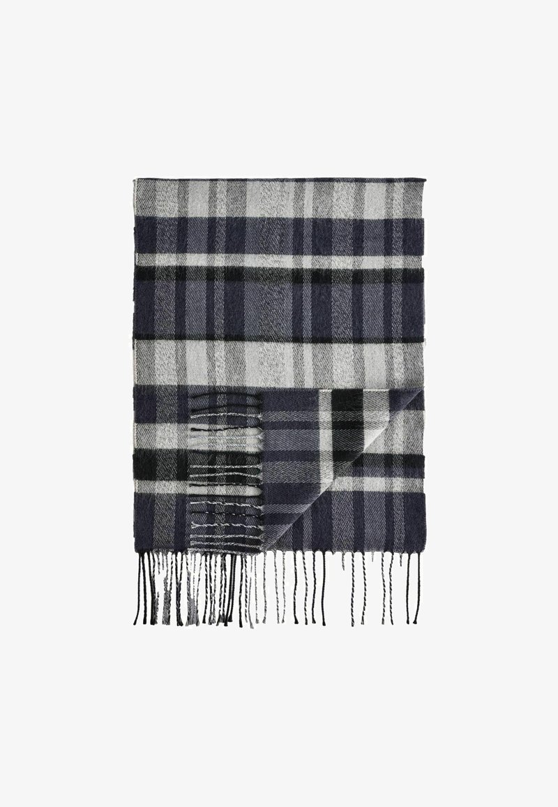Wollschal mit einem karierten Muster in Marineblau, Grau und Schwarz, mit Fransen an den Kanten. Er hat eine weiche Textur und eine rechteckige Form.