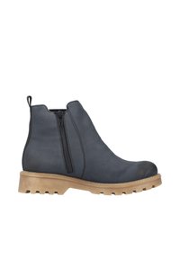 Bottines noires avec un dessus en cuir texturé, fermeture éclair sur le côté, et semelle en caoutchouc beige contrastante avec un motif à crampons pour une adhérence optimale.