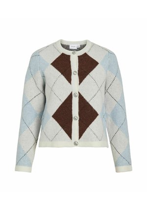 Cardigan izrađen od mekog materijala, s lagano plavim, tamnosmešnim i off-white argyle uzorkom, pet dugmadi i rebrastim manžetama.