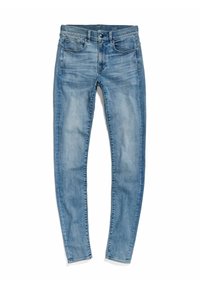 Jeans de mezclilla de corte slim en azul claro, con bolsillos delanteros y traseros, cierre de botón y detalles de lavado desgastado en los muslos y las rodillas, colocados en plano.