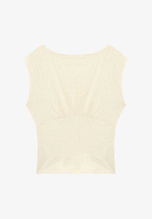 Haut sans manches en maille côtelée crème avec un large col rond et un détail froncé sous la poitrine pour une coupe ajustée.