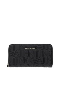 Portafoglio in pelle nera con motivo a rilievo del logo e dettagli in argento. Forma rettangolare con chiusura a zip e finitura strutturata.