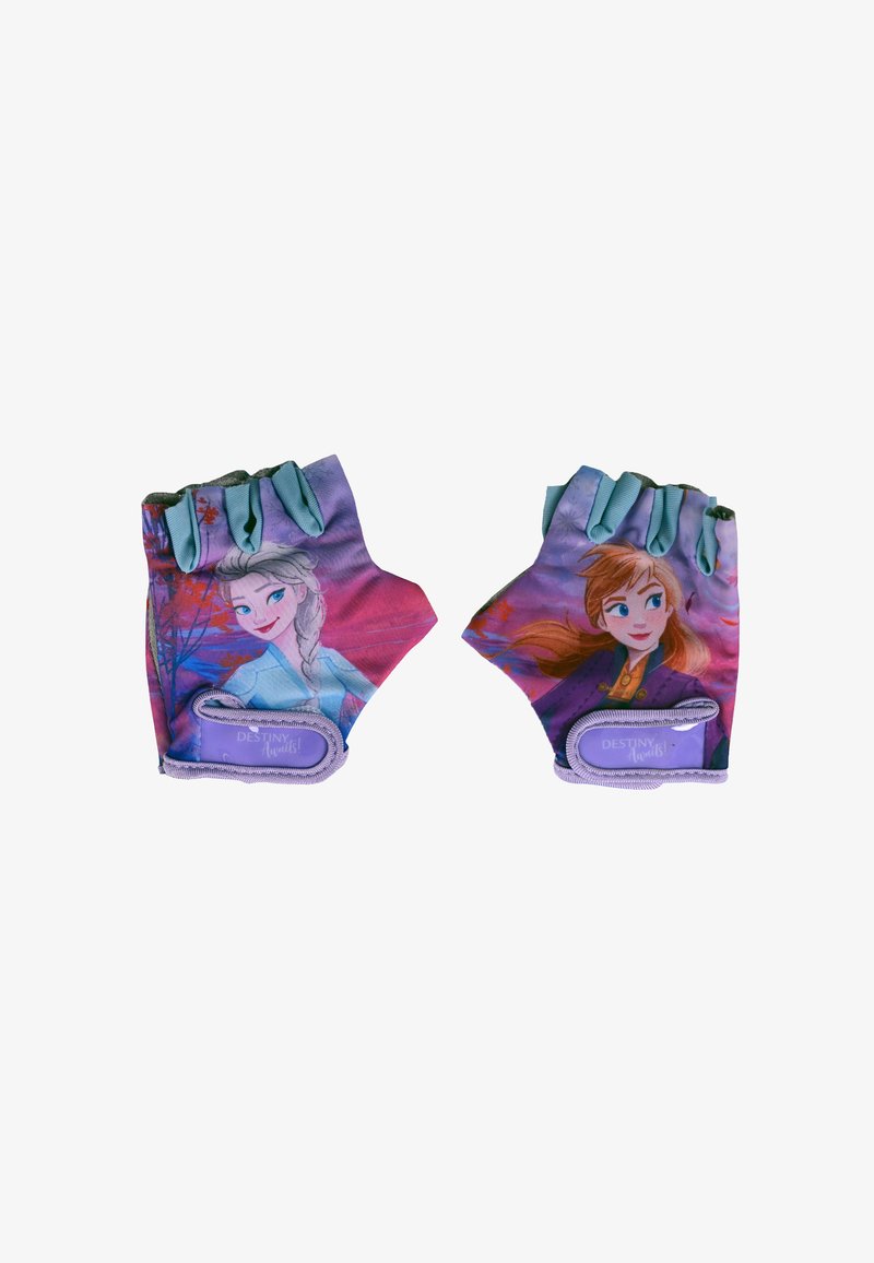 Halbfingerhandschuhe mit Charakterdesigns von zwei animierten Figuren. Das Material ist weich, mit einem rosa-lila Farbschema und Gummigriffen.