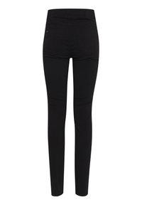 Czarne dopasowane spodnie z tylnymi kieszeniami i elastycznym paskiem, widoczne z tyłu na białym tle.