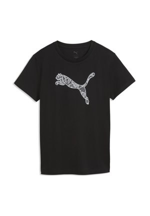Sort kortærmet t-shirt med et hvidt blondemønster af en springende puma-logo centreret foran.