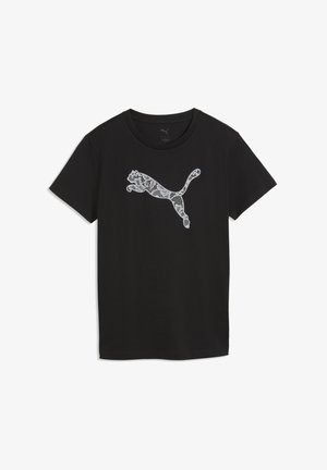 Zwarte t-shirt met korte mouwen met een wit kantpatroon van een springend puma-logo centraal aan de voorkant.