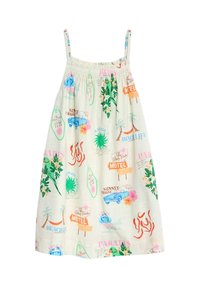 Biała sukienka w letnim stylu z kolorowymi tropikalnymi wzorami, w tym papugami, palmami, samochodami w stylu vintage oraz znakami z napisami "Motel", "Rejs o zachodzie słońca" i "Życie na plaży".