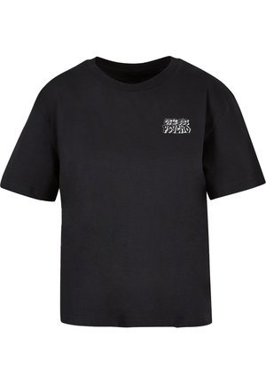 Schwarzes Baumwoll-T-Shirt mit kurzen Ärmeln, Rundhalsausschnitt und einem kleinen weißen Grafikmotiv auf der linken Brustseite. Einfaches Design mit lockerer Passform.