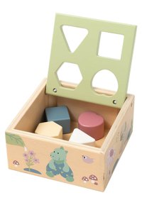 Wooden shape sorting box in natural finish with green lid. Contains five colored geometric blocks. Features playful animal illustrations.
