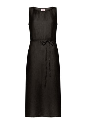 Musta pellavainen hihaton mekko, jossa on pyöreä pääntie, solmittava vyötärövyö ja suora helma. Sileä pinta ja hieman rento istuvuus.