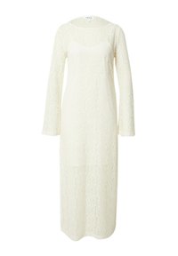 Spitzenkleid in Creme, mit langen Ärmeln, einem Rundhalsausschnitt und lockerer Passform. Ausgestattet mit filigranen floralen Spitzenmustern im gesamten Kleid.