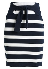 Tmav ě modrá a bílá pruhovaná pouzdrová sukně vyrobená z pružné látky. Obsahuje vysoký pas s mašlí uvázanou v pase.