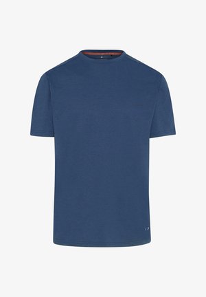 Camiseta de manga corta color azul marino, fabricada en algodón, con cuello redondo y un sutil detalle del logo en el dobladillo. Textura suave y corte clásico.