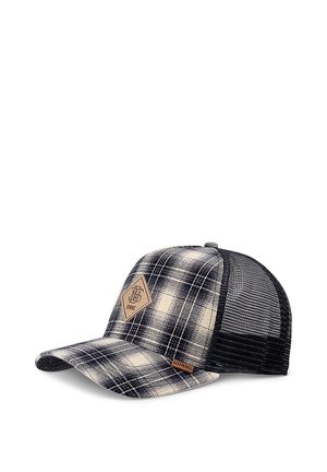 Plaid baseball cap in navy and cream, with a mesh back and a hexagonal leather patch featuring the brand logo. Flat brim and structured design.