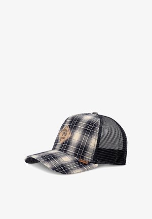 Plaid baseball cap in navy and cream, with a mesh back and a hexagonal leather patch featuring the brand logo. Flat brim and structured design.