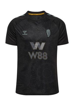 Schwarzes Sporttrikot mit kurzen Ärmeln, dezenten Blumenmustern, einem laufenden Katzenlogo auf der Brust und "W88" Sponsor-Logo in der Mitte.