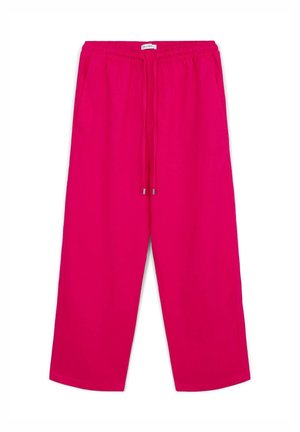Rosa, locker sitzende, knöcheltiefe Hose mit einem elastischen Bund und verstellbarem Kordelzug. Glattes Material ohne sichtbare Muster oder Akzente.