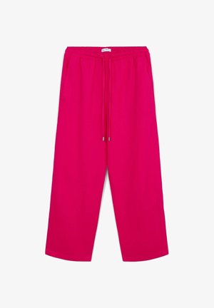 Rosa, locker sitzende, knöcheltiefe Hose mit einem elastischen Bund und verstellbarem Kordelzug. Glattes Material ohne sichtbare Muster oder Akzente.