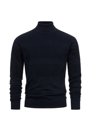 Marineblå turtleneck trøje med struktureret mønster, der har glatte og ribbede sektioner. Lange ærmer og en figursyet pasform.