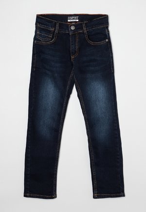 Jean slim bleu foncé avec surpiqûres contrastantes orange, bouton à l'avant, fermeture éclair et design à cinq poches.