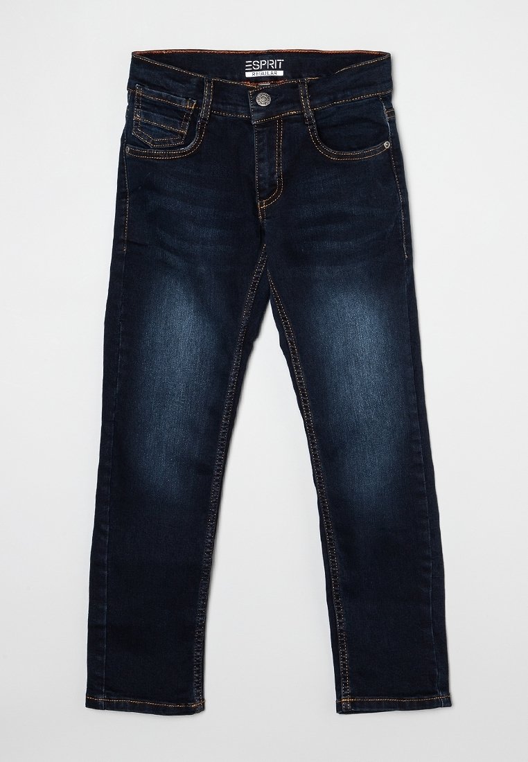 Jean slim bleu foncé avec surpiqûres contrastantes orange, bouton à l'avant, fermeture éclair et design à cinq poches.