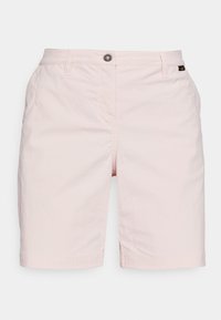 Světle růžové šortky z texturované látky. Mají klasický design s pěti kapsami, zapínání na knoflík a prošité lemy pro vyšší odolnost.