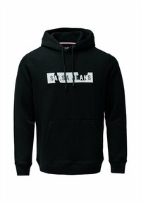 Sudadera con capucha negra de mezcla de algodón, con bolsillo tipo canguro en la parte delantera, capucha con cordón y logo "Salsa Jeans" en blanco en el pecho.