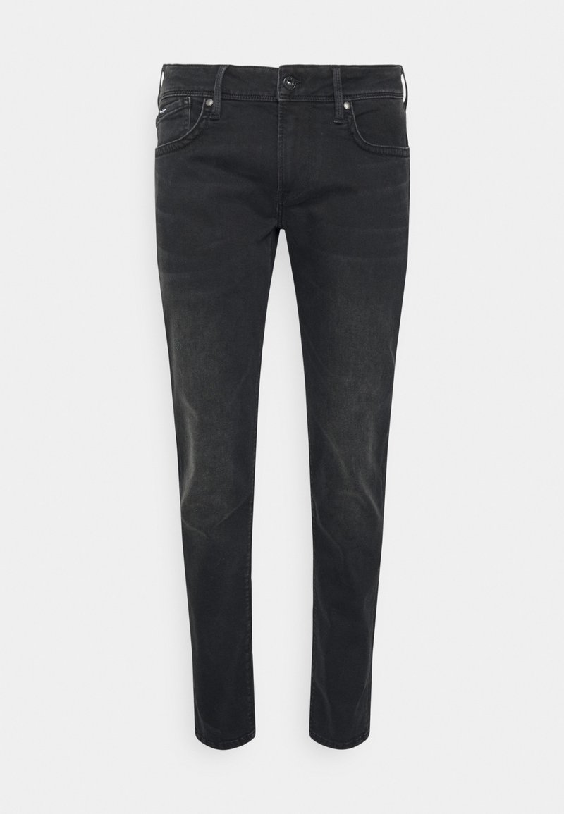 Jeans en denim noir à coupe ajustée, design à cinq poches, fermeture à bouton et décoloration subtile. Comprend des coutures robustes et une texture lisse.