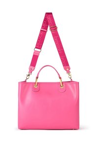 Borsa in pelle rosa con hardware dorato, manici superiori doppi e tracolla staccabile con stampa logo. Texture liscia, forma rettangolare.