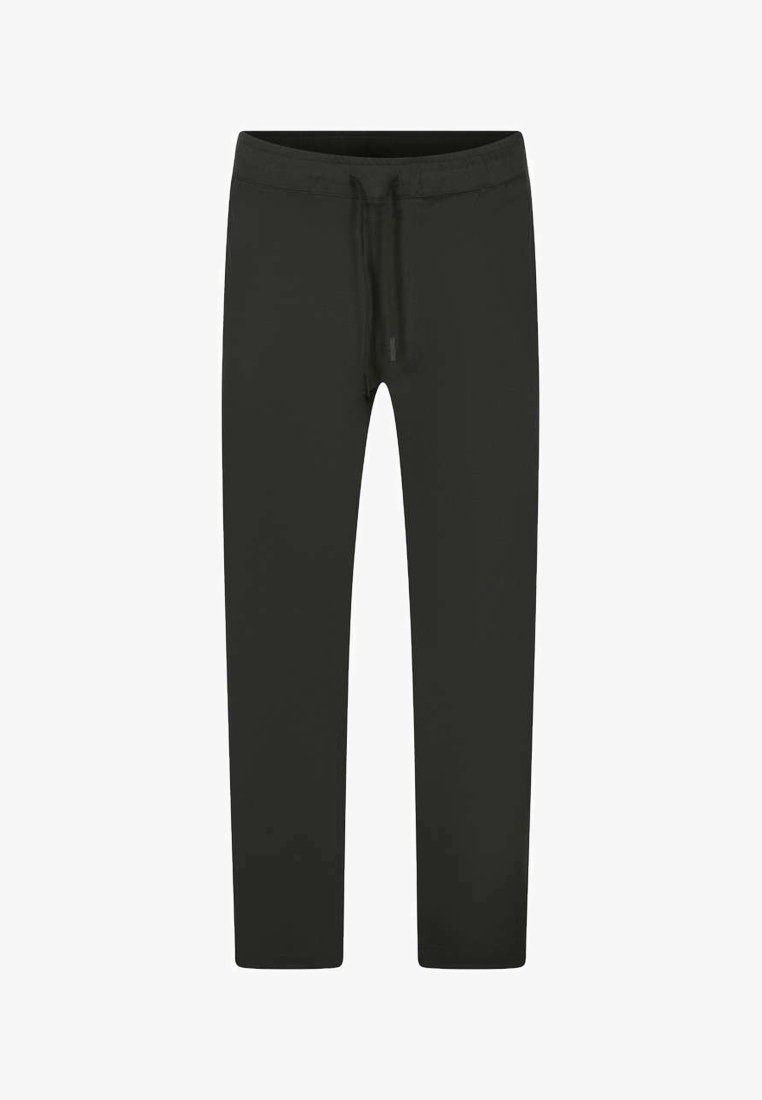 Pantalon noir ajusté avec une taille élastique et un cordon de serrage à l'avant, présenté sur un fond blanc.