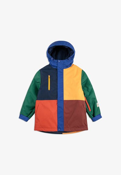 Veste colorée à capuche avec des panneaux bleus, verts, orange, jaunes et marron. Comprend une poche zippée et des poignets élastiques.