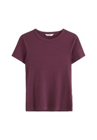 T-shirt bordeaux a maniche corte realizzata in tessuto a coste. Presenta una scollatura a girocollo e una vestibilità morbida con orlo dritto.