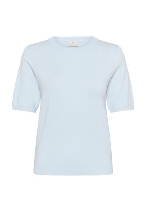 Svijetloplava kratko rukava pletena majica s okruglim izrezom i rebrastim rubovima na rukavima i donjem dijelu, prikazana na bijeloj pozadini.