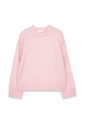 Weicher, rosa Strickpullover mit langen Ärmeln, gerippten Bündchen, Saum und Rundhalsausschnitt, flach auf weißem Hintergrund ausgebreitet.