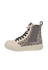 Beżowe sneakersy za kostkę z zamszu, w panterkę i szarej tkaninie, z czarnymi sznurowadłami i teksturowaną kremową podeszwą.