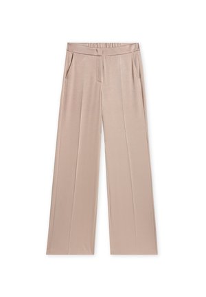Beige weite Hosen aus glattem, leichtem Stoff. Verfügt über einen flachen Bund und zwei Seitentaschen. Maßgeschneiderter Schnitt mit Falten.