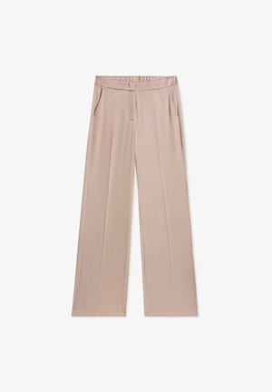 Beige weite Hosen aus glattem, leichtem Stoff. Verfügt über einen flachen Bund und zwei Seitentaschen. Maßgeschneiderter Schnitt mit Falten.