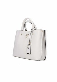 Borsa a mano in pelle bianca con design strutturato, doppi manici superiori, hardware in tonalità oro, emblema del marchio e rifiniture nere a contrasto.