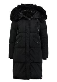 Abrigo acolchado negro con capucha de piel sintética. Cuenta con cierre frontal con cremallera, dos bolsillos laterales y textura acolchada. Diseño de longitud media.